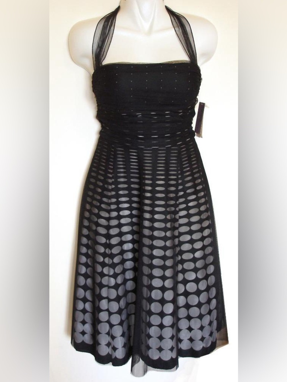 XOXO JRs 3 Black & White Polka Dot A-Line Cocktail 1950’s Retro Chiffon Dress - Picture 1 of 8